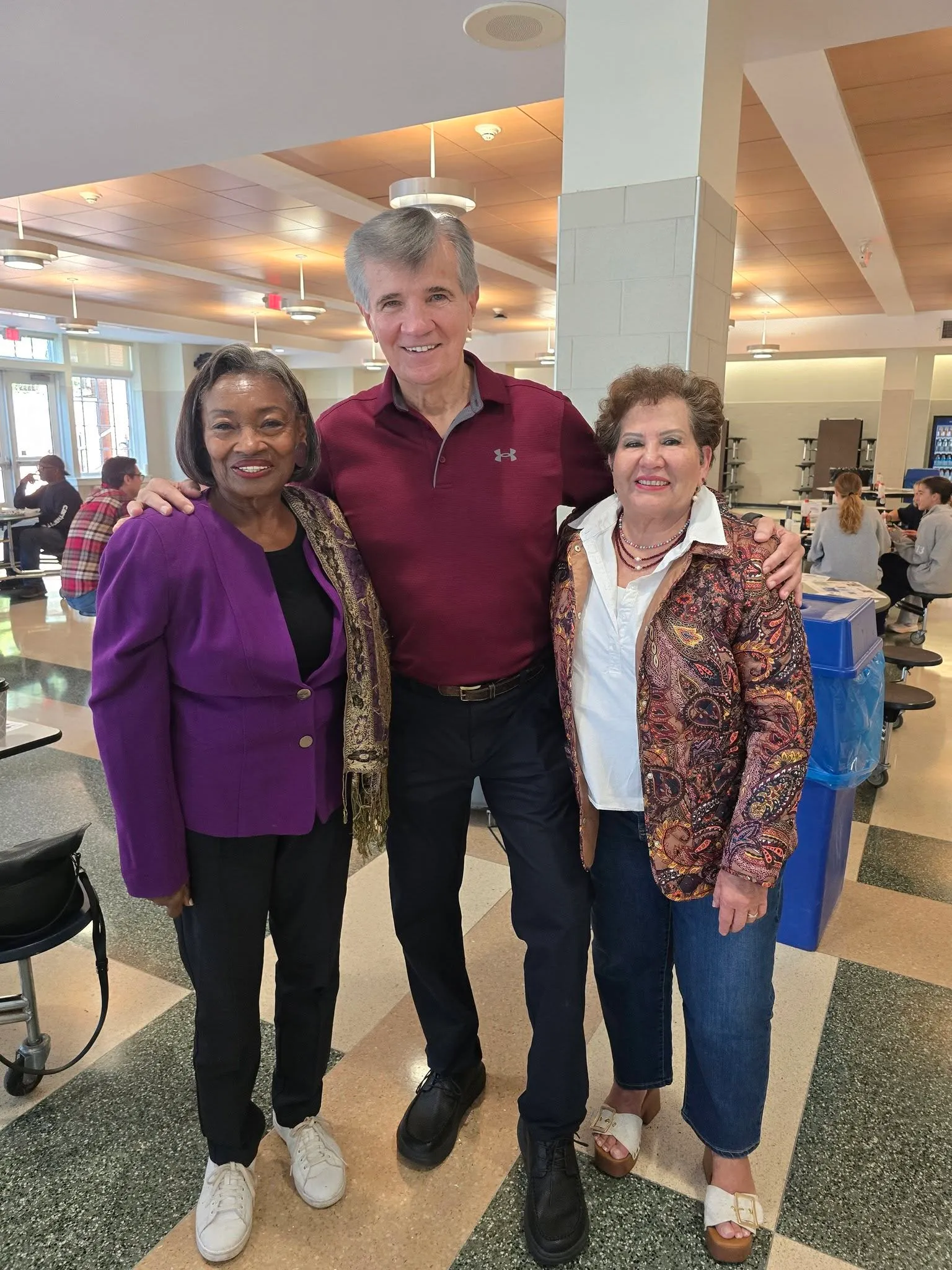 Senate Majority Leader Andrea Stewart-Cousins, Don Antonecchia and Susan Lara in the school cafeteria at the Pancake Breakfast